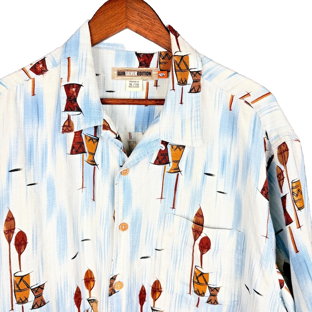 Quiksilver Edition Shirt Mens XL Silk Linen Hawaiian Aloha Tiki Luau Camp Button
